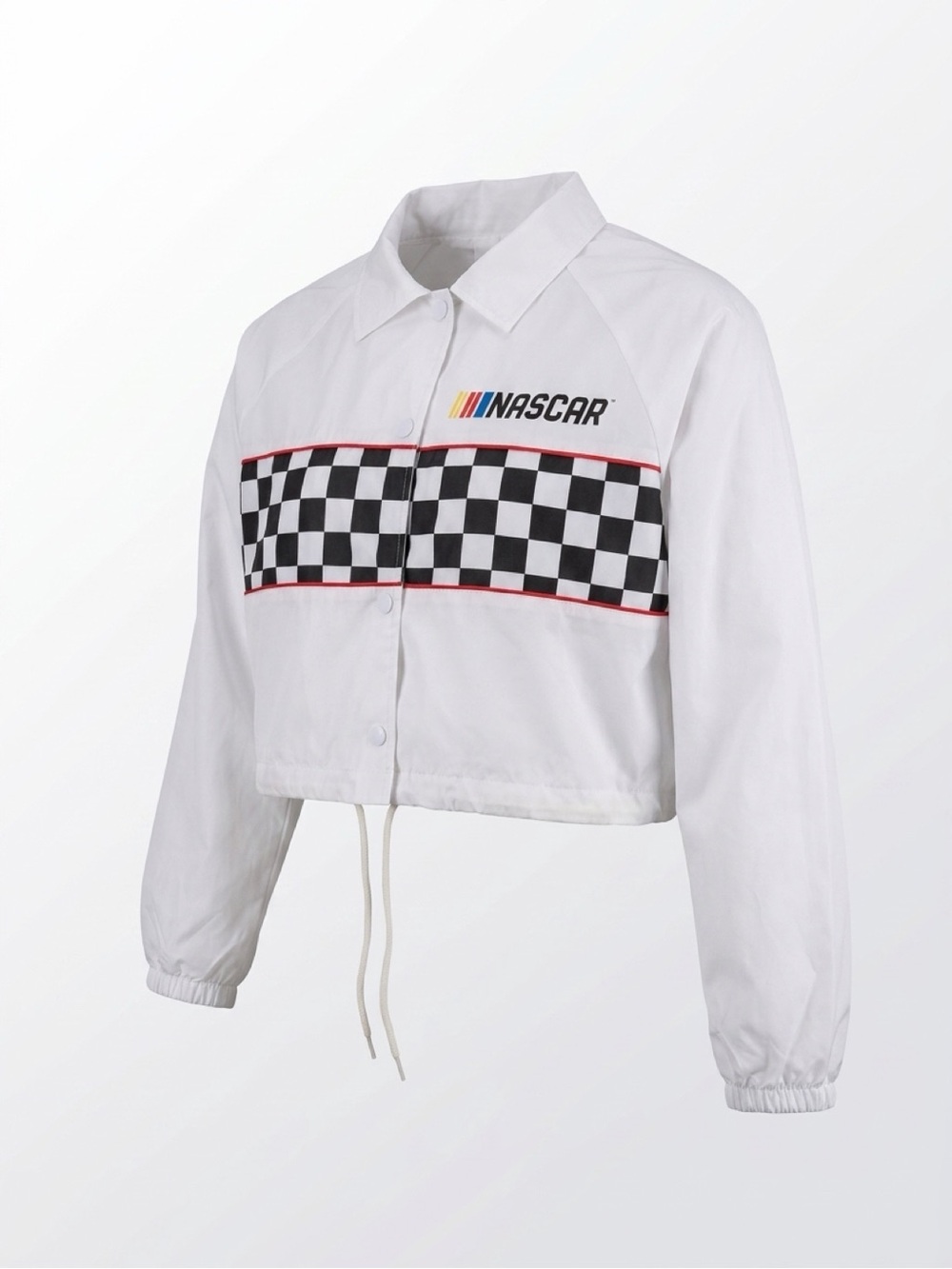 Official NASCAR Women's White Checkered Flag Cropped Snap Windbreaker Jacket S